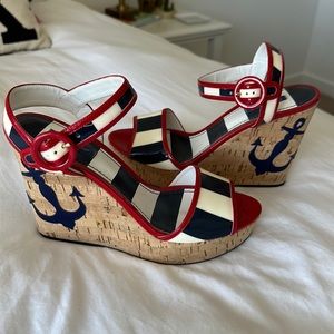 Dolce Gabbana Anchor Wedge sandals - navy, white, red - size 40/9.5